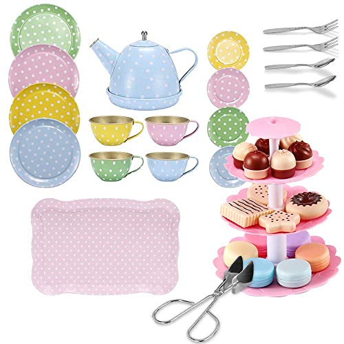 FUQUN 36Pcs Tea Set for Little Girls, Pink Tin Tea Party Set for Toddlers, Kids Party Set Toys with Teapot Dishes & Dessert for Girls, Gifts for 3 4 5 6 Year Old Girls, Princess Tea Party Play Toy