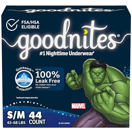 Goodnites Boys' Nighttime Bedwetting Underwear, Size S/M (43-68 lbs), 44 Ct (2 Packs of 22), Packaging May Vary