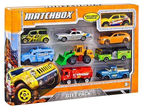 Matchbox Cars, 9-Pack Die-Cast 1:64 Scale Toy Cars, Construction or Garbage Trucks, Rescue Vehicles or Planes (Styles May Vary).