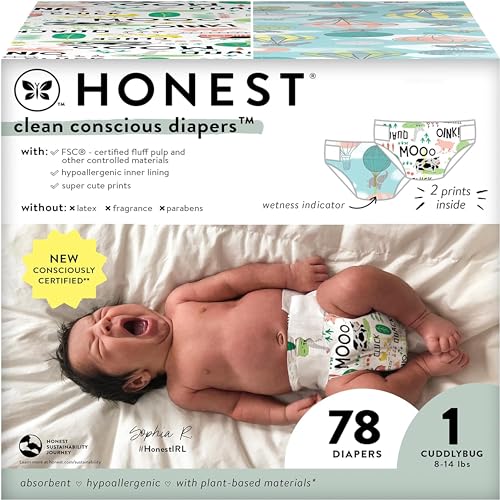 The Honest Company Clean Conscious Diapers | Plant-Based, Sustainable | Above It All + Barnyard Babies | Club Box, Size 1 (8-14 lbs), 78 Count