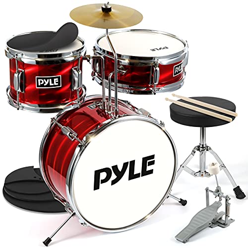 Pyle Drum Set for Kids - 3 Piece Beginner Drum Kit, Silencing Pads 13' Complete Junior Drummer Kit with Wooden Shells, Bass & Foot Pedal, Snare, Tom, Cymbal, Pair of Drumsticks, Padded Throne Seat