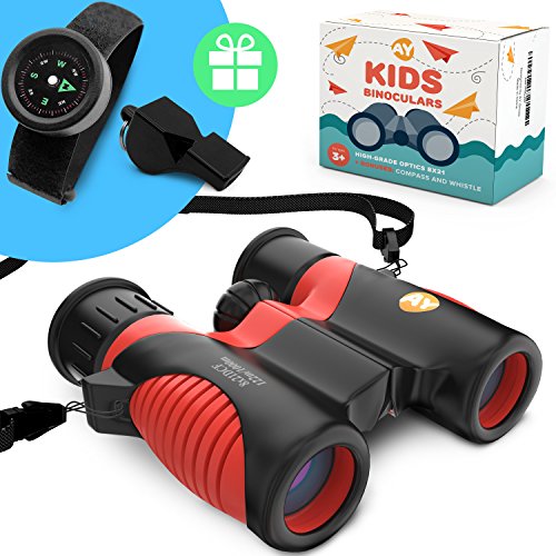 Real Binoculars for Kids high Resolution 8x21 with Adjustable Neck Strap - Includes Kids Compass Bracelet and Whistle - Great gift for girls and boys 3 - 14 years old