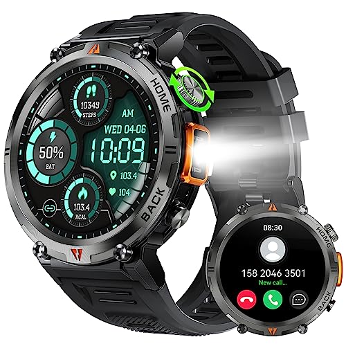 Military Smart Watch for Men (Call Receive/Dial) with LED Flashlight, 1.45' HD Outdoor Tactical Rugged Smartwatch, Sports Fitness Tracker Watch with Heart Rate Sleep Monitor for iPhone Android Phone