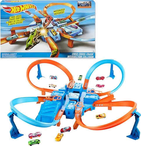 Hot Wheels Track Set with 1:64 Scale Toy Car, 4 Intersections for Crashing, Powered by a Motorized Booster, Criss-Cross Crash Track (Amazon Exclusive)