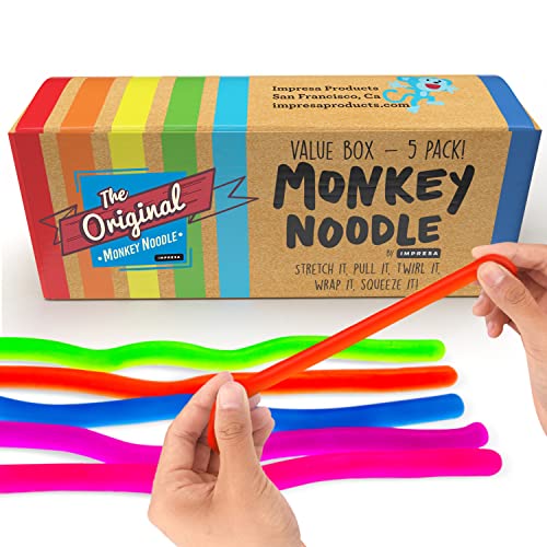 Impresa - 5 Pack Original Stretchy Fidget Sensory Toys for Kids and Adults - Monkey Noodles - Stretches from 12 Inches to 8 Feet (BPA/Phthalate/Latex-Free)