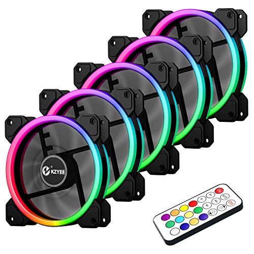 KZYEE 5-Pack Wireless 120mm RGB LED Fan, Dual Light Loop Quite Edition High Airflow Adjustable Color LED Case Fans with Remote Control for Gaming PC Cases*