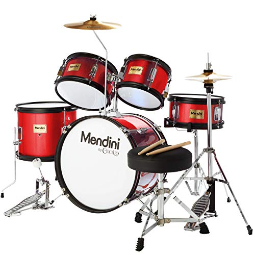 ﻿﻿﻿Mendini By Cecilio Kids Drum Set - Starter Drums Kit with Bass, Toms, Snare, Cymbal, Hi-Hat, Drumsticks & Seat - Musical Instruments Beginner Sets, Red Drum Set