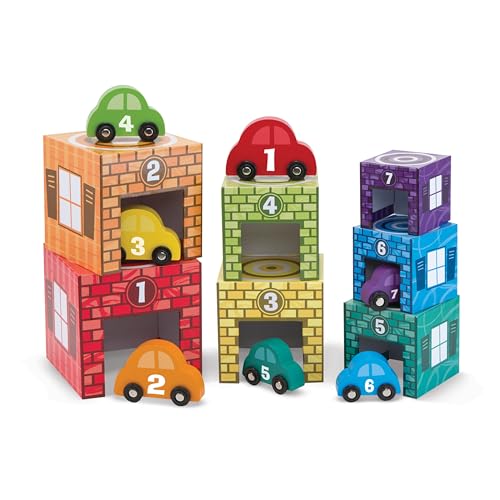 Melissa & Doug Nesting and Sorting Garages and Cars With 7 Graduated Garages and 7 Stackable Wooden Cars - Numbers Learning Toys, Garage Toy, Sorting And Stacking Toys For Toddlers Ages 2+