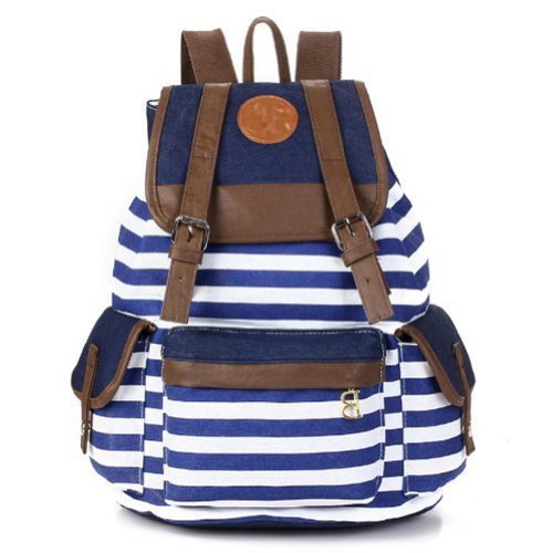 Rbenxia Canvas Backpack School Bag Stripe School College Bag for Teens Students Unisex Shoulder Daypack Handbag in Navy Style Knapsack with Striped Pattern for Girls Boys
