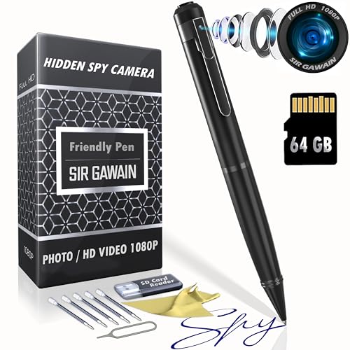 SIRGAWAIN Mini Spy Camera Hidden Camera Pen 1080p & 64GB Micro SD - [Upgraded 2024] Small Nanny Cam Spy Pen Camera Full HD Video or Picture Taking - Secret Camera with Wide Angle Lens, Rechargeable