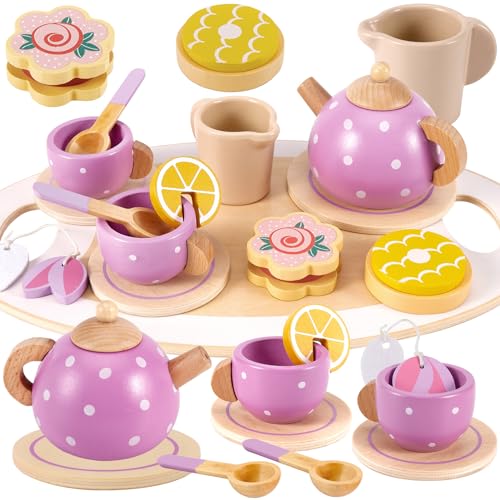 BUYGER Wooden Tea Party Set for Toddler Little Girls 3-5 with Teapot Tea Cup Set Wooden Play Food Toy Kitchen Accessories for Kids Girls Children Boys Toddler