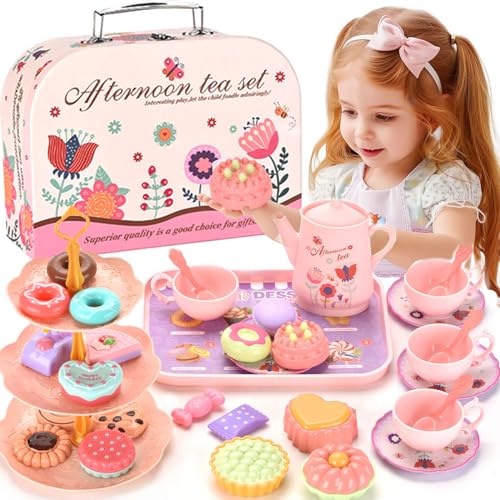Lajeje Kids Plastic Tea Party Set for Toddlers & Girls Ages 3-8 – Princess Pretend Play Kitchen Toy with Carrying Case, Teapot, Cups, Saucers, Dessert Toys & Tray | Gift for Little Girls Birthday