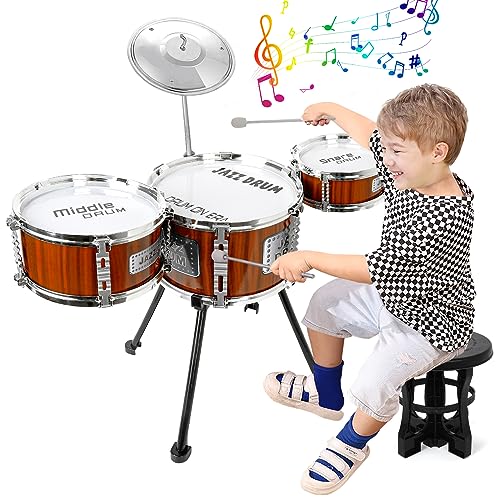 Kids Drum Set Music Toy Drum Set for Toddlers Ages 3-5 Jazz Drum Kit with Stool, 3 Drums Percussion Musical Instruments Toys for 3 4 5 Year Old Boys Girls Gifts