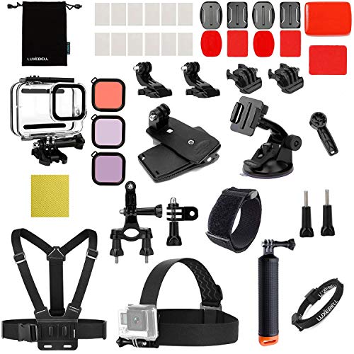 Luxebell Accessories Kit for GoPro Hero 8 Action Camera Underwater Dive Waterproof Housing Case Surfing Swimming Water Sports Clear Filters Float Pole Chest Head Bike Mount
