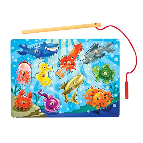 Melissa & Doug Magnetic Wooden Fishing Game and Puzzle With Wooden Ocean Animal Magnets - Magnetic Fishing Game, Ocean Animals Chunky Puzzle For Toddlers And Kids Ages 3+