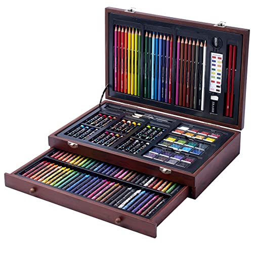 142 Pc Art Set with Colored Pencils, Crayons, Pastels, Watercolors in Wood Carrying Case*