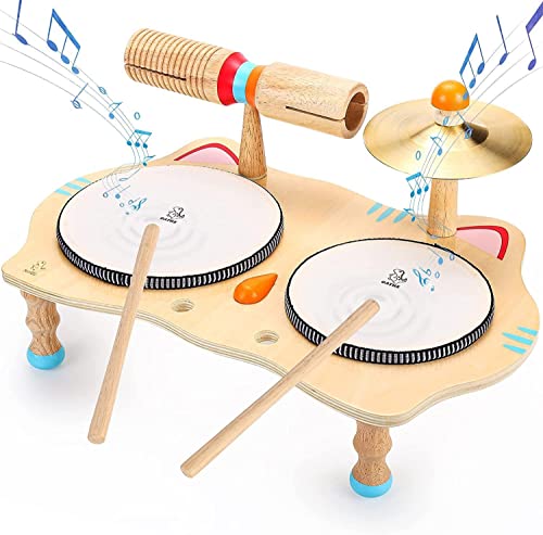 OATHX Kids Drum Set All in One Montessori Musical Instruments Set Toddler Toys Natural Wooden Music Kit Baby Sensory Toys Months Birthday Gifts for Girls Boys