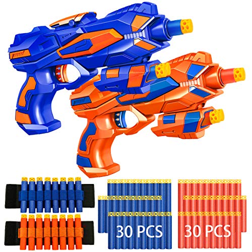 2 Pack Blaster Guns Boys Toy-with 60 Soft Foam Darts Bullets& 2 Wrist Bands- Christmas Stocking Stuffers Hand Gun Toys Party Supplies for 3,4,5,6,7,8,9 Years Kids