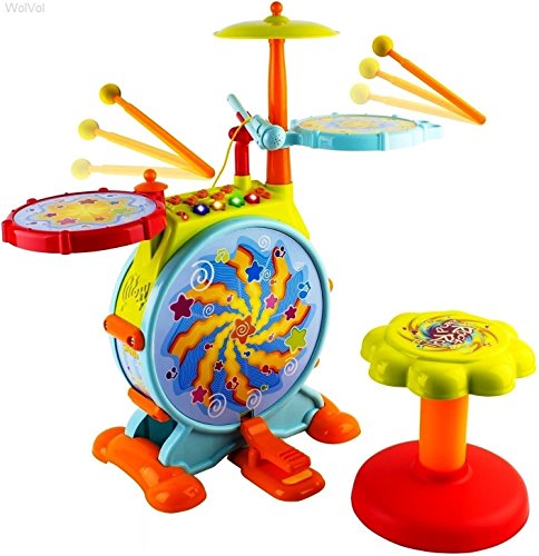 WolVolk Electric Big Toy Drum Set for Kids with Movable Working Microphone to Sing and a Chair - Tons of Various Functions and Activity, Bass Drum and Pedal with Drum Sticks (Adjustable Volume)