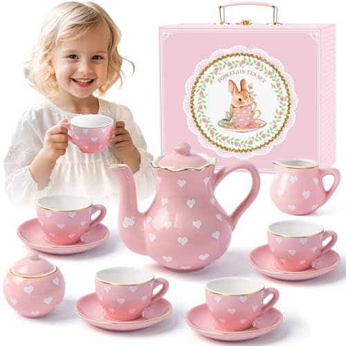 TUZT Porcelain Tea Party Set for Little Princess, Kids, Toddlers - 13Pcs Pink Heart Gold Trim Ceramic Set with Pot, Cups, Saucers & Carrying Case, Pretend Play Kitchen Toys, Christmas Birthday Gift