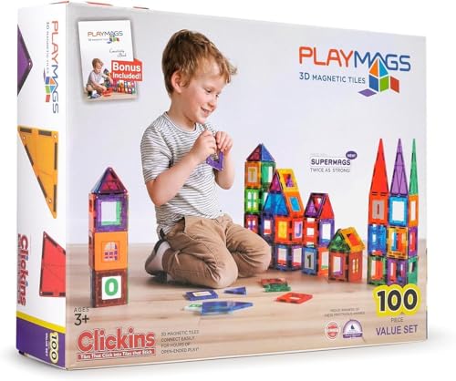 Playmags Magnetic Tiles for Kids – 100pcs Magnet Building Set for Toddlers Ages 1-5 | Stem Montessori Toy for 2 3 4 Year Old Boys & Girls | Toys for Toddlers, Preschool & Middle School Children*