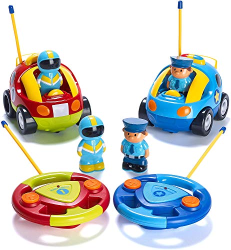 2 Pack Cartoon Remote Control Cars - Police Car and Race Car - Radio Control Toys for Kids, Boys, & Girls - Each with Different Frequencies So Both Can Race Together - Gifts for Toddler Boys Ages 2-4