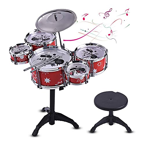 Rand Kids Jazz Drum Set – 6 Drums, Cymbal, Chair, Kick Pedal, 2 Drumsticks, Stool – Little Rockstar Kit to Stimulating Children’s Creativity, Ideal Gift Toy for Kids, Teens, Boys & Girls (red)