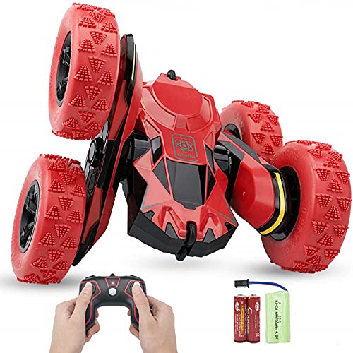 Haktoys Remote Control Stunt Car, Red Radio Control 2.4GHz Truck, Rechargeable with Flashing LED Lights & Quiet Play Mode Tumbling Spinning Action RC Car for Kids