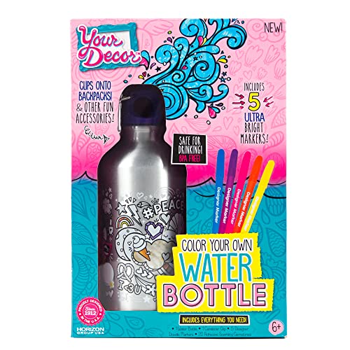 Just My Style Color Your Own Water Bottle, Includes Markers & Gemstones, Personalized Craft Kit for Kids, DIY Decorating, Gift for Girls