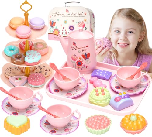 IBBWB 42Pcs Plastic Tea Party Set for Girls, with 3-Tier Dessert Stand and Carrying Case - Toy Tea Sets for Girls 3+ Year - Girl Tea set Toys with Desserts