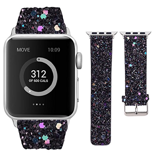 Moonooda Glitter Watch Band Compatible with Apple Watch Bands 38mm 40mm 42mm 44mm Bling Cute Women Wristband Sparkle Shiney Smartwatch Bands Strap Compatible with iWatch Series SE 6 5 4 3 2 1, Black