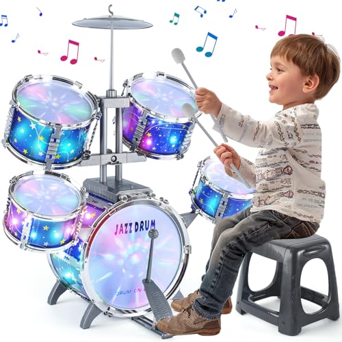 Upgraded Kids Drum Set for Toddlers 1-3, Star Light up Drum Set for Kids 3-5, Musical Jazz Drum Toys for Boys Girls 2-5 4-6 5-7 ( All Plastic)