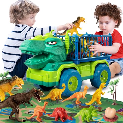 TEMI Dinosaur Truck Toys for Kids 3-5 Years, Tyrannosaurus Transport Car Carrier Truck with 8 Dino Figures, Activity Play Mat, Dinosaur Eggs, Trees, Capture Jurassic Play Set for Boys and Girls