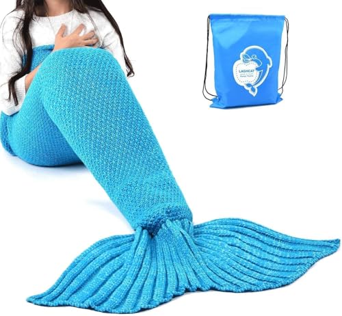 LAGHCAT Mermaid Tail Blanket Crochet Mermaid Blanket for Adult, Soft All Seasons Sleeping Blankets, Classic Pattern (71'x35.5', Blue)