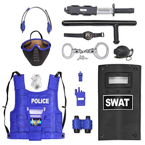 Ultimate All-in-One Kids Police Role Play Toy Kit - 15-Piece Policeman Pretend Play Set - SWAT Costume Accessories for Dress Up and Kids Costumes - Badge, Shield, Vest, Handcuffs Included