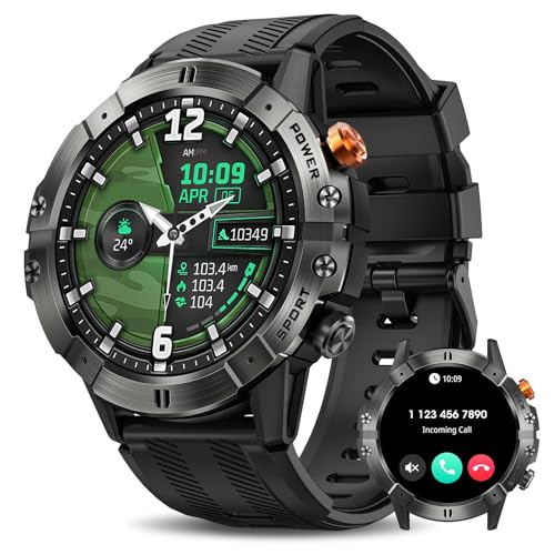 Smart Watches for Men, Bluetooth Call Military Smart Watch, Waterproof Fitness Tracker with Heart Rate/Blood Oxygen/Sleep Monitor/124 Sports Modes, Tactical Watch for Android Phones & iPhone (Black)