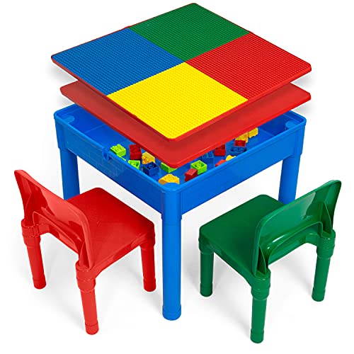 Play Platoon 5 in 1 Kids Activity Table and Chair Set- Stem Table for Toddlers with Water Table, Building Block Table, Craft & Sensory Table for Toddlers with 2 Chairs & 25 XL Blocks  Primary Colors