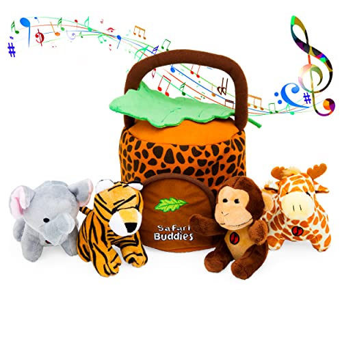Talking Plush Jungle Animals Toy Set with sounds Includes 4 cuddly Soft Plush Stuffed Safari Animals A Elephant Monkey Giraffe Tiger With Plush Jungle House Carrier Great Baby Gift For Boys and Girls