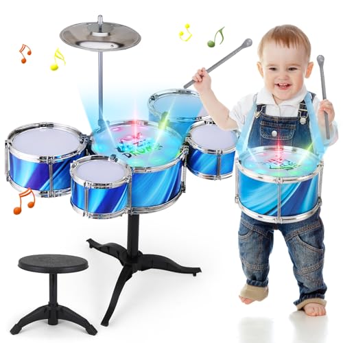 Kids Drum Set for Toddlers w/ Light, Musical Gifts Toys for Boys Girls, Drum Kit Musical Instrument for Beginner Music Practice, Christmas Birthday Gift for Kids (Five Drum 4)