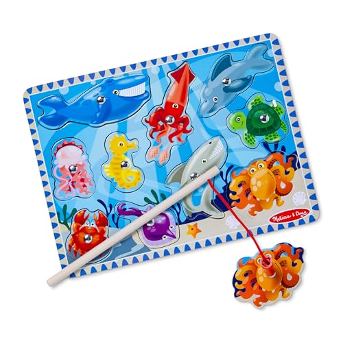 Melissa & Doug Magnetic Wooden Fishing Game and Puzzle With Wooden Ocean Animal Magnets - Magnetic Fishing Game, Ocean Animals Chunky Puzzle For Toddlers And Kids Ages 3+