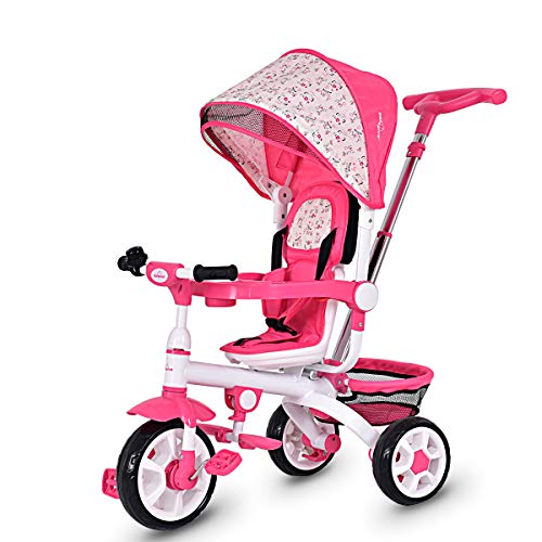Costzon Tricycle for Toddlers, 4 in 1 Trike w/ Parent Handle, Adjustable Canopy, Storage, Safety Harness & Wheel Brakes, Baby Push Tricycle Stroller for Kids Boys Girls Aged 10 Month-5 Years Old, Pink