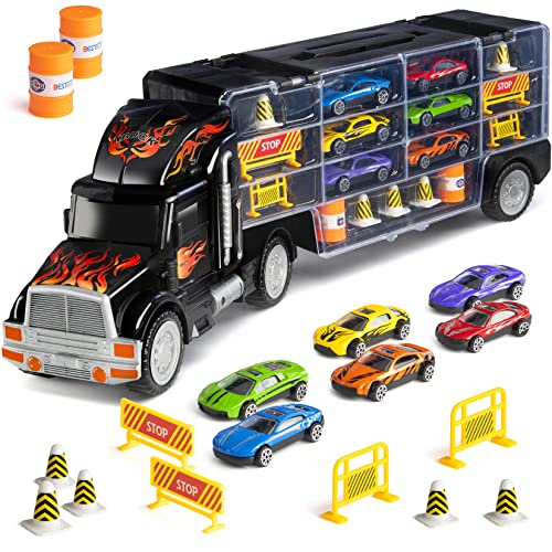 Play22 Toy Truck Transport Car Carrier - Toy Truck Includes 6 Toy Cars and Accessories - Toy Trucks Fits 28 Toy Car Slots - Great car Toys Gift for Boys and Girls - Original