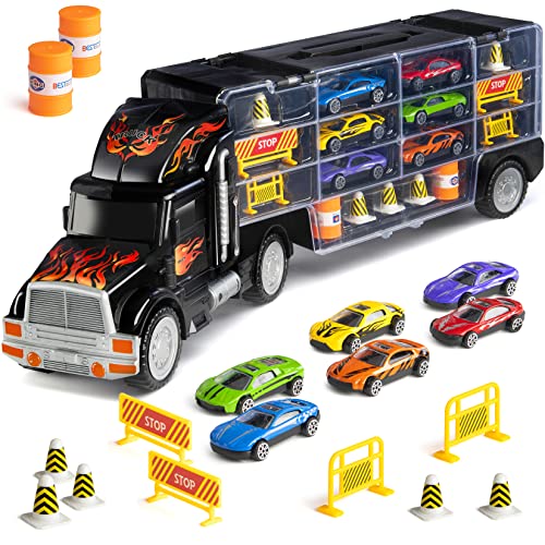 Toy Truck Car Carrier - Includes 6 Toy Cars and Accessories, Fits 28 Toy Car Slots - Great Gift for Boys and Girls - Original - By Play22*