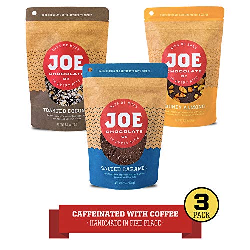 Joe Chocolates Original Variety Pack Caffeinated Dark Chocolate Espresso Bark (Honey Almond, Salted Caramel, Midnight Coconut) (3-Pack)