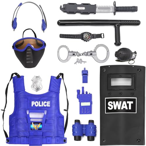 Ultimate All-in-One Kids Police Role Play Toy Kit - 15-Piece Policeman Pretend Play Set for Kids - SWAT Accessories for Dress Up Costumes - Badge, Shield, Vest, Handcuffs Included
