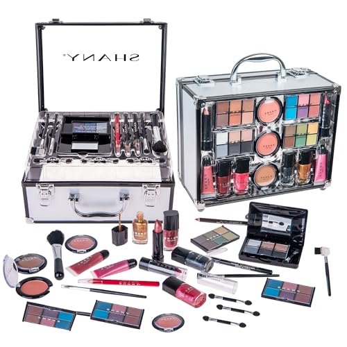 SHANY Carry All Trunk Makeup Train Case with Re-usable Aluminum Makeup Storage Case. Non Toxic Color Make up Set with Eye palettes, Blushes,Makeup Powders, Manicure, Pedicure and Makeup Brushes.