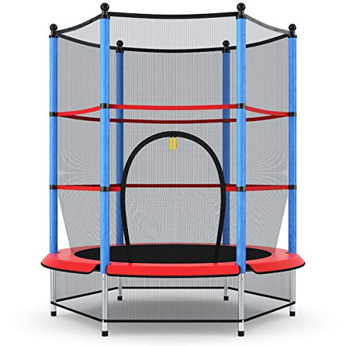 Giantex 55' Kids Trampoline, with Safety Enclosure Net & Spring Pad, Bulit-in Zipper Heavy Duty Steel Frame, Outdoor Indoor Mini Trampolines for Kids, Blue