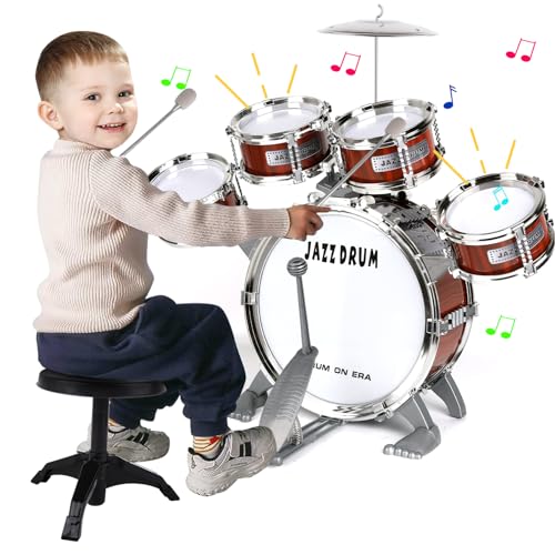 Kids Drum Set for Toddlers Toy- Musical Instruments Toys Drum Kit 9 Pcs with Stool, Bass Drum, 4 Small Drums Percussion Musical Toys for Toddlers 3-5 Year Old Boys Girls Gifts