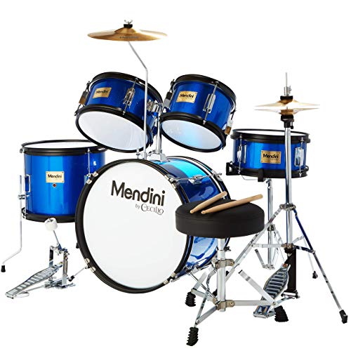 Mendini by Cecilio Kids Drum Set 5 Piece - Full 16in Youth Drumset with Bass, Toms, Snare Drum, Cymbal, Hi-Hat, Drumsticks & Seat for 5 to 12 Year Old and Beginner Adult Set - Blue