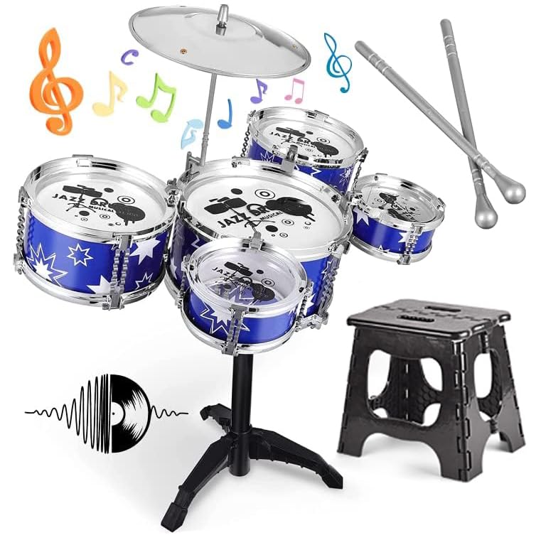 Kids Drum Set,Jazz Drum Musical Toys, 5 Drum with Stool Mini Band Rock Set,Toddler Educational Percussion Musical Instrument Drum Toy, Birthday Gift for Kids Gift Set